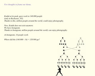 Few thoughts to frame our theme. 
Kodak at its peak, gave work to 140.000 people 
(only in Rochester, NY). 
Thanks to this, million people around the world, could enjoy photography. 
Now, Kodak does not exist anymore. 
We have Instagram. 
Thanks to Instagram, million people around the world, can enjoy photography. 
At Instagram, 14 people work. 
Where did the (140.000 - 14) = 139.988 go? 
 
