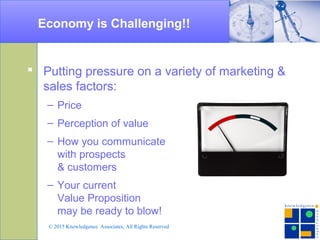 Economy is Challenging!!
 Putting pressure on a variety of marketing &
sales factors:
– Price
– Perception of value
– How you communicate
with prospects
& customers
– Your current
Value Proposition
may be ready to blow!
© 2015 Knowledgence Associates, All Rights Reserved
 