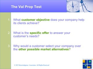 The Val Prop Test
1. What customer objective does your company help
its clients achieve?
2. What is the specific offer to answer your
customer’s needs?
3. Why would a customer select your company over
the other possible market alternatives?
© 2015 Knowledgence Associates, All Rights Reserved
 