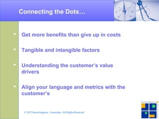 Connecting the Dots…
 Get more benefits than give up in costs
 Tangible and intangible factors
 Understanding the customer’s value
drivers
 Align your language and metrics with the
customer’s
© 2015 Knowledgence Associates, All Rights Reserved
 