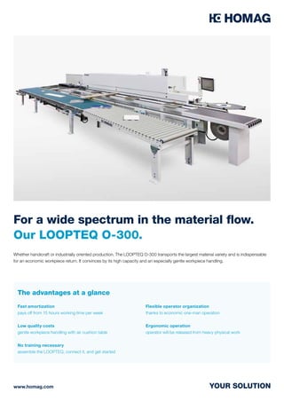 Whether handicraft or industrially oriented production. The LOOPTEQ O-300 transports the largest material variety and is indispensable
for an economic workpiece return. It convinces by its high capacity and an especially gentle workpiece handling.
Fast amortization
pays off from 15 hours working time per week
Low quality costs
gentle workpiece handling with air cushion table
No training necessary
assemble the LOOPTEQ, connect it, and get started
Flexible operator organization
thanks to economic one-man operation
Ergonomic operation
operator will be released from heavy physical work
The advantages at a glance
For a wide spectrum in the material flow.
Our LOOPTEQ O-300.
www.homag.com YOUR SOLUTION
 