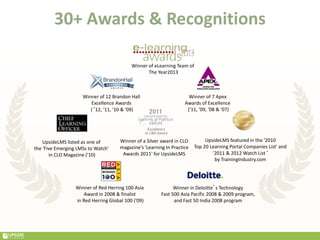 30+ Awards & Recognitions
Winner of a Silver award in CLO
magazine's 'Learning In Practice
Awards 2011' for UpsideLMS
UpsideLMS listed as one of
the 'Five Emerging LMSs to Watch'
in CLO Magazine ('10)
Winner of 7 Apex
Awards of Excellence
('11, '09, '08 & '07)
Winner of 12 Brandon Hall
Excellence Awards
(‘12, '11, '10 & '09)
UpsideLMS featured in the '2010
Top 20 Learning Portal Companies List' and
'2011 & 2012 Watch List‘
by TrainingIndustry.com
Winner of Red Herring 100 Asia
Award in 2008 & finalist
in Red Herring Global 100 ('09)
Winner in Deloitte’s Technology
Fast 500 Asia Pacific 2008 & 2009 program,
and Fast 50 India 2008 program
Winner of eLearning Team of
The Year2013
 