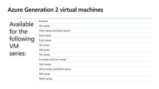 Azure Generation 2 virtual machines
Available
for the
following
VM
series:
B-series
DC-series
Dsv2-series and Dsv3-series
Esv3-series
Fsv2-series
GS-series
HB-series
HC-series
Ls-series and Lsv2-series
Mv2-series
NCv2-series and NCv3-series
ND-series
NVv3-series
 