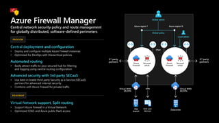 Azure Firewall Manager
Central deployment and configuration
•
•
Automated routing
•
Advanced security with 3rd party SECaaS
•
•
PREVIEW
Virtual Network support, Split routing
•
•
ROADMAP
Central network security policy and route management
for globally distributed, software-defined perimeters
Global admin
Global policy
Azure region 1 Azure region N
Azure
Firewall
Secured
vHub
Azure
Firewall
Secured
vHub
Local admin
HQ/
branch
Virtual WAN
ER/VPN
Datacenter
Virtual WAN
ER/VPN
End-user
devices
VPN
VNet
3rd party
partners
3rd party
partners
 