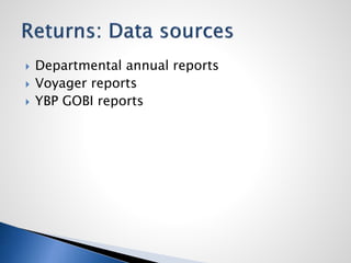  Departmental annual reports
 Voyager reports
 YBP GOBI reports
 