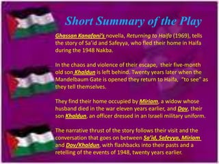 Short Summary of the Play
Ghassan Kanafani‘s novella, Returning to Haifa (1969), tells
the story of Sa’id and Safeyya, who fled their home in Haifa
during the 1948 Nakba.
In the chaos and violence of their escape, their five-month
old son Khaldun is left behind. Twenty years later when the
Mandelbaum Gate is opened they return to Haifa, “to see” as
they tell themselves.
They find their home occupied by Miriam, a widow whose
husband died in the war eleven years earlier, and Dov, their
son Khaldun, an officer dressed in an Israeli military uniform.
The narrative thrust of the story follows their visit and the
conversation that goes on between Sa’id, Safeyya, Miriam
and Dov/Khaldun, with flashbacks into their pasts and a
retelling of the events of 1948, twenty years earlier.

 