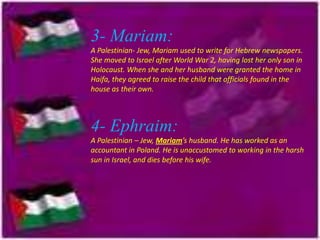 3- Mariam:
A Palestinian- Jew, Mariam used to write for Hebrew newspapers.
She moved to Israel after World War 2, having lost her only son in
Holocaust. When she and her husband were granted the home in
Haifa, they agreed to raise the child that officials found in the
house as their own.

4- Ephraim:
A Palestinian – Jew, Mariam’s husband. He has worked as an
accountant in Poland. He is unaccustomed to working in the harsh
sun in Israel, and dies before his wife.

 
