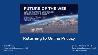 1
Returning to Online Privacy
Dr. David Hyland-Wood
david.wood@consensys.net
Sydney, Canberra
Grant Noble
grant.noble@consensys.net
Melbourne
 