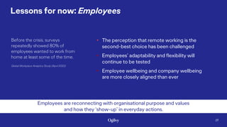 • The perception that remote working is the
second-best choice has been challenged
• Employees’ adaptability and flexibili...