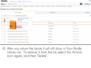 6) After you return the book, it will still show in Your Kindle
Library list. To remove it from the list, select the Actio...