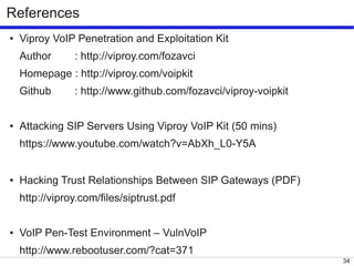 34
References
● Viproy VoIP Penetration and Exploitation Kit
Author : http://viproy.com/fozavci
Homepage : http://viproy.c...