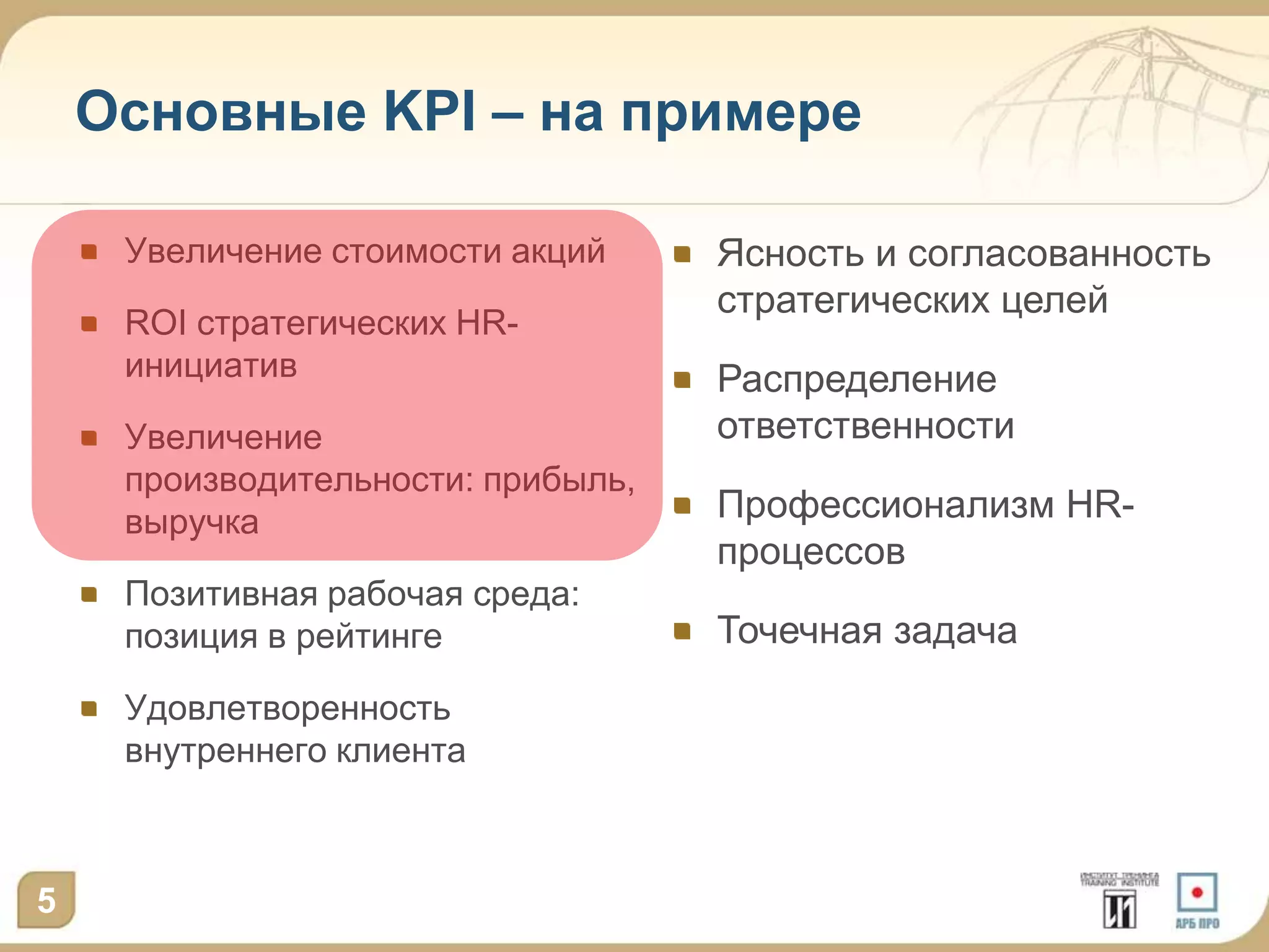 Основные KPI – на примере

     Увеличение стоимости акций     Ясность и согласованность
                                    стратегических целей
     ROI стратегических HR-
     инициатив                      Распределение
     Увеличение                     ответственности
     производительности: прибыль,
     выручка                        Профессионализм HR-
                                    процессов
     Позитивная рабочая среда:
     позиция в рейтинге             Точечная задача
     Удовлетворенность
     внутреннего клиента



5
 
