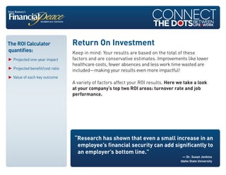 Return On Investment
Keep in mind: Your results are based on the total of these
factors and are conservative estimates. Improvements like lower
healthcare costs, fewer absences and less work time wasted are
included—making your results even more impactful!
A variety of factors affect your ROI results. Here we take a look
at your company’s top two ROI areas: turnover rate and job
performance.
“Research has shown that even a small increase in an
employee’s financial security can add significantly to
an employer’s bottom line.”
— Dr. Susan Jenkins
Idaho State University
The ROI Calculator
quantifies:
Projected one-year impact
Projected benefit/cost ratio
Value of each key outcome
 