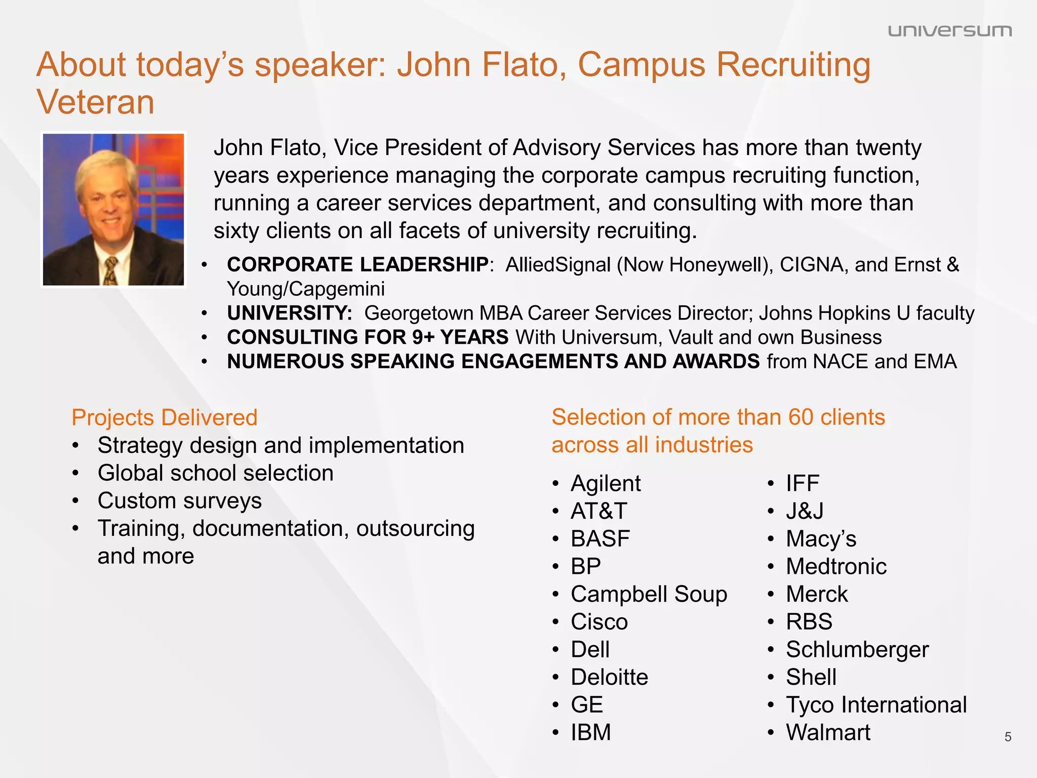 About today’s speaker: John Flato, Campus Recruiting
Veteran
5
John Flato, Vice President of Advisory Services has more than twenty
years experience managing the corporate campus recruiting function,
running a career services department, and consulting with more than
sixty clients on all facets of university recruiting.
• CORPORATE LEADERSHIP: AlliedSignal (Now Honeywell), CIGNA, and Ernst &
Young/Capgemini
• UNIVERSITY: Georgetown MBA Career Services Director; Johns Hopkins U faculty
• CONSULTING FOR 9+ YEARS With Universum, Vault and own Business
• NUMEROUS SPEAKING ENGAGEMENTS AND AWARDS from NACE and EMA
Projects Delivered
• Strategy design and implementation
• Global school selection
• Custom surveys
• Training, documentation, outsourcing
and more
• Agilent
• AT&T
• BASF
• BP
• Campbell Soup
• Cisco
• Dell
• Deloitte
• GE
• IBM
• IFF
• J&J
• Macy’s
• Medtronic
• Merck
• RBS
• Schlumberger
• Shell
• Tyco International
• Walmart
Selection of more than 60 clients
across all industries
 