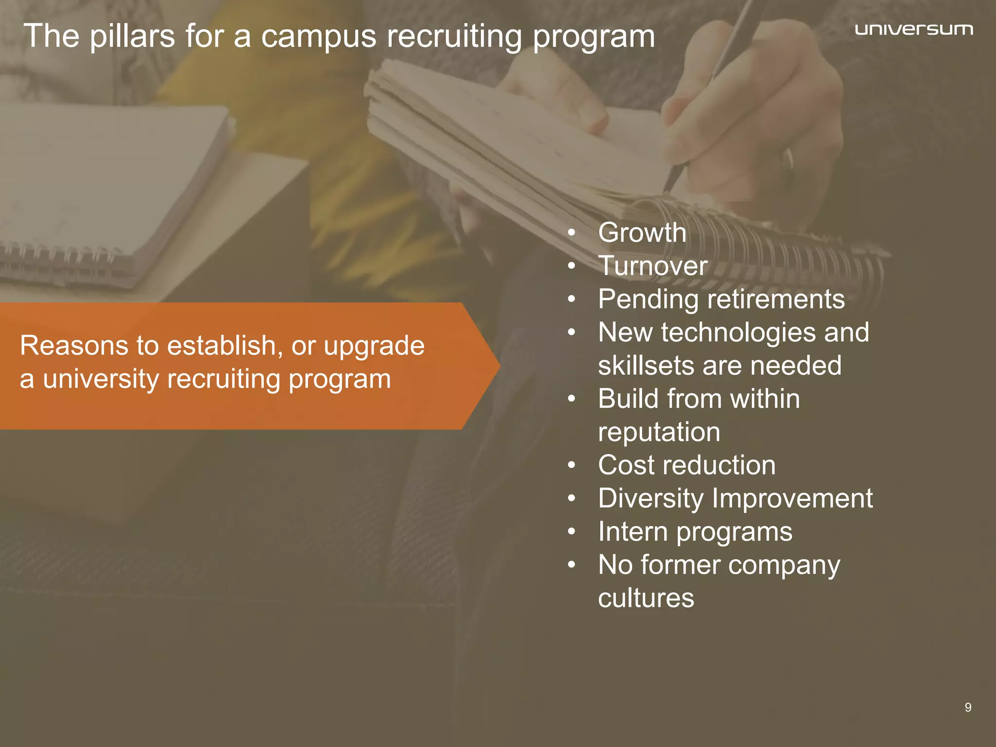 Reasons to establish, or upgrade
a university recruiting program
• Growth
• Turnover
• Pending retirements
• New technologies and
skillsets are needed
• Build from within
reputation
• Cost reduction
• Diversity Improvement
• Intern programs
• No former company
cultures
The pillars for a campus recruiting program
9
 