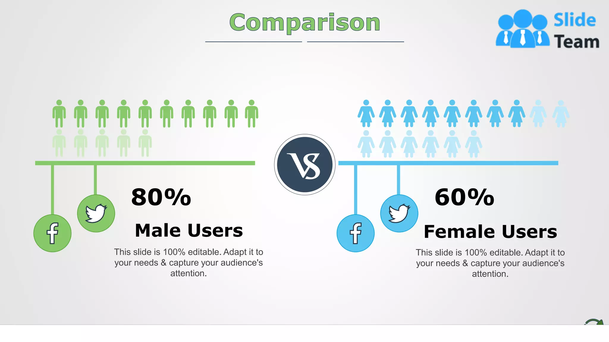 17
80%
Male Users
This slide is 100% editable. Adapt it to
your needs & capture your audience's
attention.
60%
Female Users
This slide is 100% editable. Adapt it to
your needs & capture your audience's
attention.
 