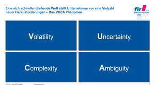 © FIR e. V. an der RWTH Aachen
1998: Yahoo lehnt Kauf von Google für 1 Mio. US-$ ab
2002: Yahoo bietet 3 Mrd. US-$ für Google (abgelehnt)
2008: Microsoft bietet 40 Mrd. US-$ für Yahoo (abgelehnt)
2016: Verizon kauf Yahoo für 4,6 Mrd. US-$
Eine sich schneller drehende Welt stellt Unternehmen vor eine Vielzahl
neuer Herausforderungen – Das VUCA Phänomen
6
Volatility Uncertainty
Complexity Ambiguity
NBC News/ Wall St. Jrnl 06/2015:
1% Wahrscheinlichkeit für Trump als
Republikanischer Präsidentschaftskandidat
Uncertainty
3 45
368
830
1995 2005 2013 2020*
Entwicklungskosten Software
Oberklasse-Limousine [in Mio. €]
Complexity
[1] www.fortune.com
350
712
1973-1983 2003-2013
Anzahl ausgeschiedener Unternehmen
im Fortune 1000 Index1
Volatility
Ambiguity
 