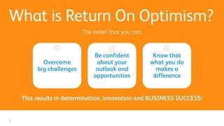 What is Return On Optimism?
The belief that you can:
Overcome
big challenges
Be confident
about your
outlook and
opportunities
Know that
what you do
makes a
difference
This results in determination, innovation and BUSINESS SUCCESS!
2
 