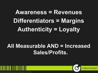 Awareness = Revenues
  Differentiators = Margins
   Authenticity = Loyalty

All Measurable AND = Increased
         Sales/Profits.

                                 TM
 