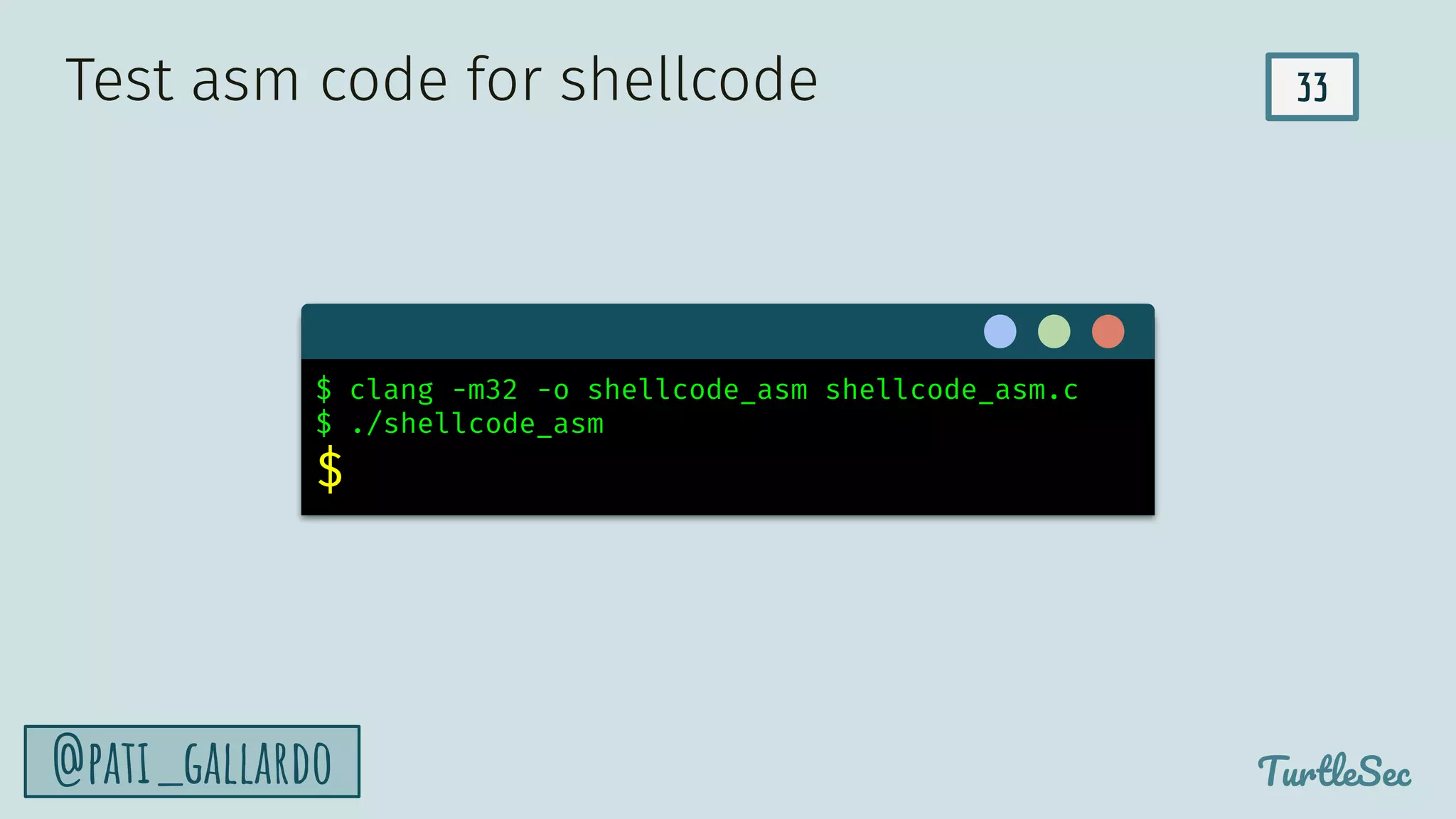 33
TurtleSec
@pati_gallardo
$ clang -m32 -o shellcode_asm shellcode_asm.c
$ ./shellcode_asm
$
Test asm code for shellcode
 