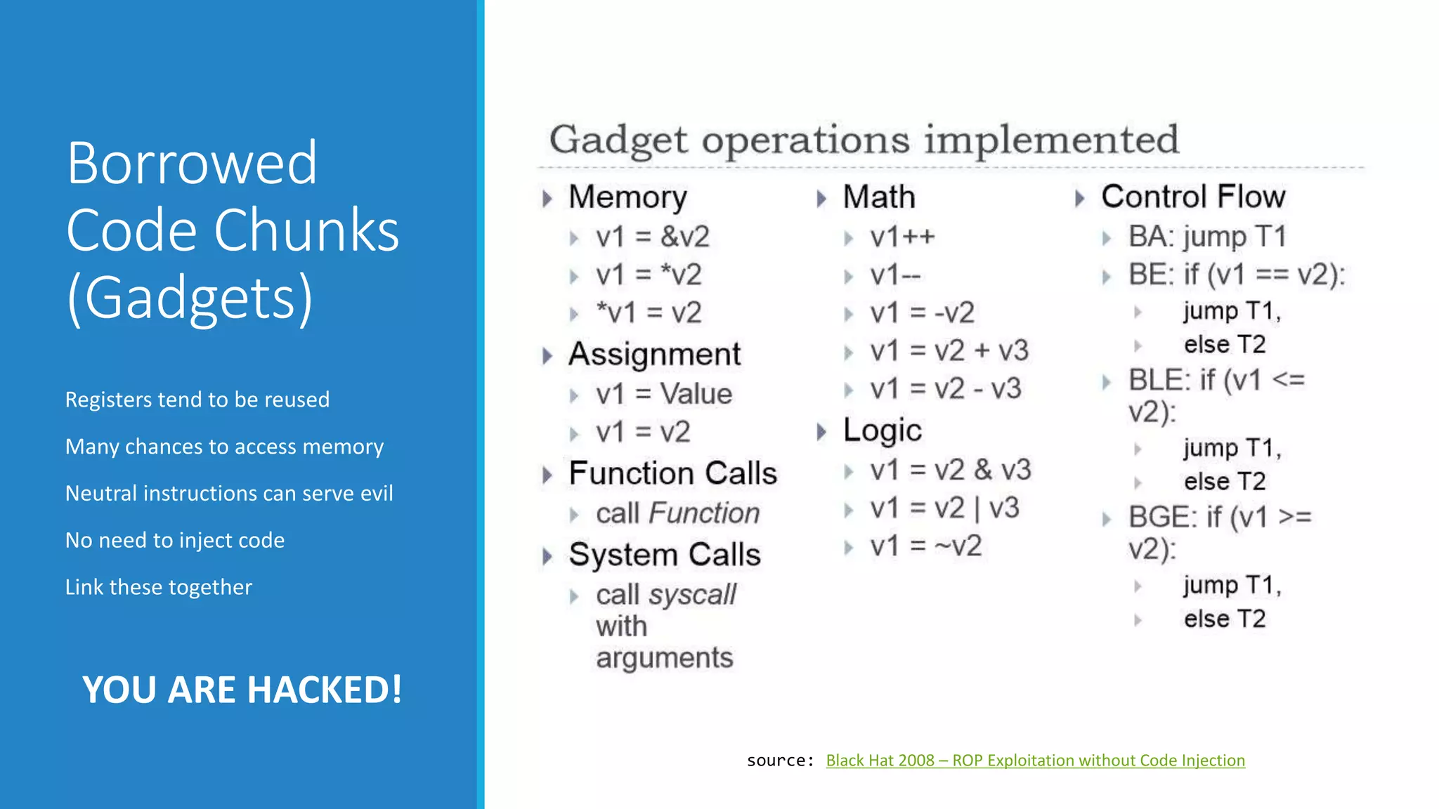Borrowed 
Code Chunks 
(Gadgets) 
Registers tend to be reused 
Many chances to access memory 
Neutral instructions can serve evil 
No need to inject code 
Link these together 
YOU ARE HACKED! 
source: Black Hat 2008 – ROP Exploitation without Code Injection 
 