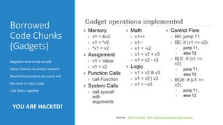 Borrowed 
Code Chunks 
(Gadgets) 
Registers tend to be reused 
Many chances to access memory 
Neutral instructions can serve evil 
No need to inject code 
Link these together 
YOU ARE HACKED! 
source: Black Hat 2008 – ROP Exploitation without Code Injection 
 