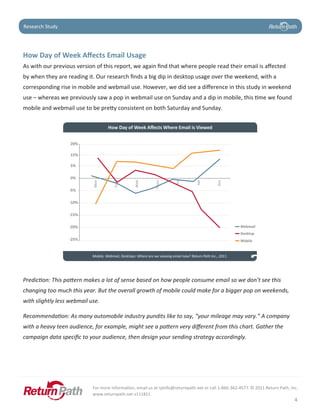 Case Study
Research Study




How	Day	of	Week	Affects	Email	Usage
As with our previous version of this report, we again find that where people read their email is affected
by when they are reading it. Our research finds a big dip in desktop usage over the weekend, with a
corresponding rise in mobile and webmail use. However, we did see a difference in this study in weekend
use – whereas we previously saw a pop in webmail use on Sunday and a dip in mobile, this time we found
mobile and webmail use to be pretty consistent on both Saturday and Sunday.


                                     How Day of Week Aﬀects Where Email is Viewed


                   20%

                   15%

                   5%

                   0%
                                  -




                                               -




                                                           -




                                                                         -




                                                                                    -




                                                                                                 -




                                                                                                             -
                            Mon




                                        Tues




                                                     Wed




                                                                 Thurs




                                                                              Fri




                                                                                          Sat




                                                                                                       Sun
                  -5%

                  -10%

                  -15%

                  -20%                                                                                           Webmail
                                                                                                                 Desktop
                  -25%                                                                                           Mobile


                            Mobile, Webmail, Desktops: Where are we viewing email now? Return Path Inc., 2011.




Prediction: This pattern makes a lot of sense based on how people consume email so we don’t see this
changing too much this year. But the overall growth of mobile could make for a bigger pop on weekends,
with slightly less webmail use.

Recommendation: As many automobile industry pundits like to say, “your mileage may vary.” A company
with a heavy teen audience, for example, might see a pattern very different from this chart. Gather the
campaign data specific to your audience, then design your sending strategy accordingly.




                            For more information, email us at rpinfo@returnpath.net or call 1-866-362-4577. © 2011 Return Path, Inc.
                            www.returnpath.net v111811
                                                                                                                                  4
 