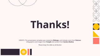 CREDITS: This presentation template was created by Slidesgo, and includes icons from Flaticon,
infographics and images from Freepik and content from Sandra Medina
Thanks!
Please keep this slide as attribution
 