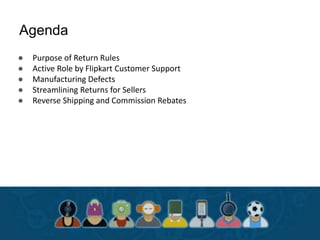 Agenda
● Purpose of Return Rules
● Active Role by Flipkart Customer Support
● Manufacturing Defects
● Streamlining Returns for Sellers
● Reverse Shipping and Commission Rebates
 