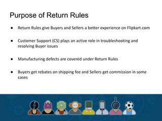Purpose of Return Rules
● Return Rules give Buyers and Sellers a better experience on Flipkart.com
● Customer Support (CS) plays an active role in troubleshooting and
resolving Buyer issues
● Manufacturing defects are covered under Return Rules
● Buyers get rebates on shipping fee and Sellers get commission in some
cases
 