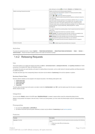 table settings by choosing and hide the Net price and Currency fields.
Weekly recordingof request documents Weekly recording has the following special features:
You can assign each administrator a selection of media products for weekly
recording in their user settings .
Choose or to select the week for processing.
The system only lists the media products that the customer is allowed to return for
return recording
The system automatically copies the unit of measure defined in the user settings .
When you enter a summarized return in the weekly view, you specify a return
quantity for each week. The system distributes the return quantity among the
individual media issues according to the delivery quantities. You can influence this
quantity distribution using the BAdI ISM_UNSOLDQUANTITY, method
DISTRIBUTE.
Statusof request documents The system indicates the processing status of each request document by means of
status icons:
No status The request document has not yet been checked.
Checked The request document has been checked (or accepted by the
administrator without being checked) but has not been released.
Incorrect Errors were identified when the request document was checked.
You must correct the request document before you can release it.
OK The request document has been released and can no longer be
changed.
Deletionof requests Choose to delete request documents that are not required.
Activities
To access the processing function, choose Logistics → Media Sales and Distribution → Media Product Sales and Distribution → Sales → Service →
Service Cockpit . Choose the relevant operation group on the screen for the Service Cockpit.
1.4.2 Releasing Requests
Use
This function allows you to release the request documents for returns , summarized returns , subsequent deliveries , and quantity corrections for further
processing in the standard SAP Sales and Distribution solution.
The request documents are used internally as the basis for creating follow-on documents, such as credit memos for returned quantities and billing documents
for additional quantities.
The sales document type of the corresponding follow-on document must be defined in Customizing for the service operation in question.
Business Partner Roles
Business partners (retailers) can be assigned to the request documents in the following order-specific roles:
Sold-to party (AG)
Ship-to party (WE)
Bill-to party (RE)
Payer (RG)
The bill-to party and payer must be the same in all orders in which the returning retailer (role RM ) and the media issues from the return or subsequent
delivery request are used.
Integration
You can use the Release method of the BOR object MediaReturnRequest to release a request without using the corresponding dialog function.
Release is only possible if the request is free from errors. If errors occur during release, you must correct the errored request using the corresponding dialog
function.
Prerequisites
You must have authorization J_RETURN_G .
The follow-on document type and system responses to checks must be defined in Customizing for each service operation .
Features
Function Description
Selection of worklist You can select the worklist of errored request documents according to the following
criteria:
Sales area, sales office and sales group
Retailer
PUBLIC
© 2014 SAP SE or an SAP affiliate company. All rights reserved.
Page 10 of 23
 