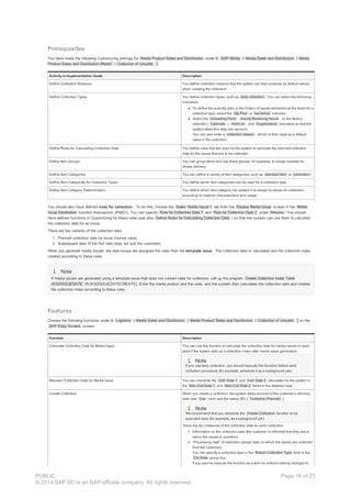Prerequisites
You have made the following Customizing settings for Media Product Sales and Distribution under SAP Media Media Sales and Distribution Media
Product Sales and Distribution (Retail) Collection of Unsolds :
Activity in Implementation Guide Description
Define Collection Reasons You define collection reasons that the system can then propose as default values
when creating the collection.
Define Collection Types You define collection types, such as daily collection. You can select the following
indicators:
To define the quantity plan or the history of issues delivered as the basis for a
collection type, select the Qty Plan or Iss Delivd indicator.
Select the Unloading Point , Goods Receiving Hours , or the factory
calendar ( Calendar ), Visit List , and Suspensions indicators so that the
system takes this data into account.
You can also enter a collection reason , which is then used as a default
value in the collection.
Define Rules for Calculating Collection Date You define rules that are used by the system to calculate the planned collection
date for the issues that are to be collected.
Define Item Groups You can group items and use these groups, for example, to assign subsets for
phase delivery.
Define Item Categories You can define a variety of item categories, such as standard item or promotion.
Define Item Categories for Collection Types You define which item categories can be used for a collection type.
Define Item Category Determination You define which item category the system is to assign to issues for collection,
according to material characteristics and usage.
You should also have defined rules for collection . To do this, choose the Sales: Media Issue 1 tab from the Display Media Issue screen in the Media
Issue Generation function (transaction JPMG1). You can specify Rule for Collection Date 1 and Rule for Collection Date 2 under Returns. You should
have defined functions in Customizing for these rules (see also Define Rules for Calculating Collection Date ) so that the system can use them to calculate
the collection date for an issue.
There are two variants of the collection date:
1. Planned collection date for issue (normal case)
2. Subsequent date (if the first date does not suit the customer)
When you generate media issues, the new issues are assigned the rules from the template issue . The collection date is calculated and the collection index
created according to these rules.
Note
If media issues are generated using a template issue that does not contain rules for collection, call up the program Create Collection Index Table
JKSDISSUEDATE (RJKSDISSUEDATECREATE). Enter the media product and the rules, and the system then calculates the collection date and creates
the collection index according to these rules.
Features
Choose the following functions under Logistics Media Sales and Distribution Media Product Sales and Distribution Collection of Unsolds on the
SAP Easy Access screen:
Function Description
Calculate Collection Date for Media Issue You can use this function to calculate the collection date for media issues in each
plant if the system sets up a collection index after media issue generation.
Note
If you use daily collection, you should execute this function before each
collection procedure (for example, schedule it as a background job).
Maintain Collection Date for Media Issue You can overwrite the Coll. Date 1 and Coll. Date 2 calculated by the system in
the Man.Coll.Date 1 and Man.Coll.Date 2 fields in the detailed view.
Create Collection When you create a collection, the system takes account of the customer’s delivery
data (see Use ) and sets the status 01 ( Collection Planned ).
Note
We recommend that you schedule the Create Collection function to be
executed daily (for example, as a background job).
There are two instances of the collection date for each collection:
1. Information on the collection date (the customer is informed that they are to
return the issues in question)
2. “Processing date” of collection (actual date on which the issues are collected
from the customer)
You can specify a collection type in the Return Collection Type field in the
Ctrl Data group box.
If you want to execute the function as a test run without making changes to
PUBLIC
© 2014 SAP SE or an SAP affiliate company. All rights reserved.
Page 16 of 23
 