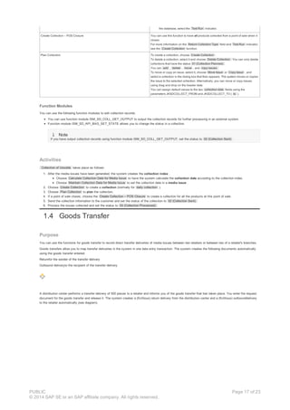 the database, select the Test Run indicator.
Create Collection – POS Closure You can use this function to have all products collected from a point of sale when it
closes.
For more information on the Return Collection Type field and Test Run indicator,
see the Create Collection function.
Plan Collection To create a collection, choose Create Collection .
To delete a collection, select it and choose Delete Collection. You can only delete
collections that have the status 01 (Collection Planned).
You can add , delete , move , and copy issues.
To move or copy an issue, select it, choose Move Issue or Copy Issue , and
select a collection in the dialog box that then appears. The system moves or copies
the issue to the selected collection. Alternatively, you can move or copy issues
using drag and drop on the header data.
You can assign default values to the two collection date fields using the
parameters JKSDCOLLECT_FROM and JKSDCOLLECT_TO ( to ).
Function Modules
You can use the following function modules to edit collection records:
You can use function module ISM_SD_COLL_GET_OUTPUT to output the collection records for further processing in an external system.
Function module ISM_SD_API_BAG_SET_STATE allows you to change the status in a collection.
Note
If you have output collection records using function module ISM_SD_COLL_GET_OUTPUT, set the status to 02 (Collection Sent) .
Activities
Collection of Unsolds takes place as follows:
1. After the media issues have been generated, the system creates the collection index .
Choose Calculate Collection Date for Media Issue to have the system calculate the collection date according to the collection index.
Choose Maintain Collection Date for Media Issue to set the collection date in a media issue .
2. Choose Create Collection to create a collection (normally for daily collection ).
3. Choose Plan Collection to plan the collection.
4. If a point of sale closes, choose the Create Collection – POS Closure to create a collection for all the products at this point of sale.
5. Send the collection information to the customer and set the status of the collection to 02 (Collection Sent).
6. Process the issues collected and set the status to 03 (Collection Processed).
1.4 Goods Transfer
Purpose
You can use the functions for goods transfer to record direct transfer deliveries of media issues between two retailers or between two of a retailer's branches.
Goods transfers allow you to map transfer deliveries in the system in one data entry transaction. The system creates the following documents automatically
using the goods transfer entered:
Returnfor the sender of the transfer delivery
Outbound deliveryto the recipient of the transfer delivery
A distribution center performs a transfer delivery of 500 pieces to a retailer and informs you of the goods transfer that has taken place. You enter the request
document for the goods transfer and release it. The system creates a (fictitious) return delivery from the distribution center and a (fictitious) outbounddelivery
to the retailer automatically (see diagram).
PUBLIC
© 2014 SAP SE or an SAP affiliate company. All rights reserved.
Page 17 of 23
 