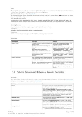 Use
To ensure that the system can use the data on quantities actually delivered for checks, you must update the quantities delivered from the outbound deliveries
in separate tables. Regular updating of the quantities delivered serves the following purposes:
Status determinationfor delivery quantities in the quantity plan .
If a planned delivery quantity has been delivered fully, the corresponding entry in the quantity plan is assigned the status and the system does not allow
any further changes to the quantity.
Cross-checkingfor service operations
During processing of service operations, such as returns recording, subsequent delivery, and goods transfer, the system performs a check based on the
quantities actually delivered. For example, when you enter returns, the system checks the return quantity against the (updated) quantity actually delivered.
Updating Methods
You can use the following two methods to update the quantities delivered from the outbound deliveries:
Update function
Schedule the function for updating outbound deliveries to run at regular intervals.
Output control
Updates of outbound deliveries that take place soon after the delivery itself are triggered by output control.
Features
Updating method Description Activities
Update by function The updating function for outbound deliveries has the
following features:
Selectionof outbound deliveries according to the
following criteria:
Period
Media issue or interval of media issues
Optional: test run (simulation with log output; no
database updates)
Updateof outbound deliveries (delivery quantities)
according to selection criteria
Display log
Schedule report RJKSDDELIVERYASSIGN to run
periodically (for example, overnight) in SAP
background processing.
To access the function in dialog processing, choose
Logistics → Media Sales and Distribution → Media
Product Sales and Distribution → Sales → Service
→ Periodical Activities → Update Deliveries.
To access the log of the function, choose Logistics →
Media Sales and Distribution → Media Product Sales
and Distribution → Sales → Service → Periodical
Activities → Log Update.
Update by output control When you save after creating, changing or deleting an
outbound delivery, the output control functions trigger
update of the delivery quantity.
Advantage: Timely update of delivery quantities. This is
therefore the method recommended by SAP.
The standard delivery contains the output type JDEL for
updating the quantities delivered.
Output type JDEL is assigned to the standard output
determination procedure V10000 at header level. The
output determination procedure V10000 is assigned to
all delivery types as standard.
Create an output condition record for each delivery
type for which you want to update the quantity
delivered.
1.2 Returns, Subsequent Deliveries, Quantity Correction
Purpose
Once outbound delivery of media issues has taken place according to orders in Media Product Sales and Distribution, you can process the service operations
for the following function groups in a uniform procedure in the Service Cockpit :
Function group Task
Returns Every customer (retailer) who has a valid right of return can return unsold media
issues (full-copy returns) or report them (certificated returns). The customer receives
a credit memo for the quantity returned.
You can enter return notifications from your customers manually. The system
checks whether the return period was adhered to and whether the quantity reported
was actually delivered. The customer is granted a credit memo for the amount.
You can enter advance returns in the Service Cockpit. Follow-on documents are
not created for these. BAdI ISM_QUANTITYPAST allows you to use the return
quantities reported in advance in quantity planning.
Summarized returns You can enter the return quantity for a period of your choice or for a week , based
on the customer’s return notification.
Subsequent delivery If a customer reports additional requirements for a delivery, or if the planned
delivery quantity is not delivered in full , you can enter a request document for the
corresponding subsequent delivery.
Customers can be invoiced for the additional quantity delivered subsequently.
Quantity correction If malfunctions in production or problems during transportation affect the delivery
quantity, you can enter quantity corrections , for example:
For technical reasons, it is not possible to produce the quantity specified in
PUBLIC
© 2014 SAP SE or an SAP affiliate company. All rights reserved.
Page 7 of 23
 