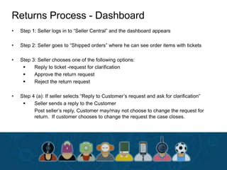 Returns Process - Dashboard
• Step 1: Seller logs in to “Seller Central” and the dashboard appears
• Step 2: Seller goes to “Shipped orders” where he can see order items with tickets
• Step 3: Seller chooses one of the following options:
 Reply to ticket -request for clarification
 Approve the return request
 Reject the return request
• Step 4 (a): If seller selects “Reply to Customer’s request and ask for clarification”
 Seller sends a reply to the Customer
Post seller’s reply, Customer may/may not choose to change the request for
return. If customer chooses to change the request the case closes.
 