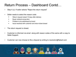 Return Process – Dashboard Contd…
• Step 4 (c): If seller selects “Reject the return request”
• Seller needs to select the reason code:
 Return request raised 10 days after delivery
 Buyer ordered wrong item
 Problem to be addressed by brand
 Issue resolved with customer and return ticket closed
• The return request is closed.
• Customer is informed via email along with reason codes of the same with a copy to
Seller Support.
• Customer can now choose to file a dispute by writing to resolution@flipkart.com
 