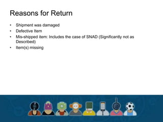 Reasons for Return
• Shipment was damaged
• Defective Item
• Mis-shipped item: Includes the case of SNAD (Significantly not as
Described)
• Item(s) missing
 