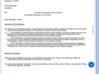 October 27, 2010

Hiring Manager
[address]

RE:                                  Joe Doe (Composite Crew Laborer)
                          Completed evaluation at 10:45am

Dear [Manager name],

Summary of Test Results




                                                                                                               CG Hylton
We offer you the following opinion concerning the individual’s present abilities to safely and successfully
   perform the essential functions of the position for which he/she was tested:
_X__ IS CAPABLE of performing the essential functions of the position sought and does not have any
   present or past medical condition/impairment that we believe would pose a significant risk to
   him/herself or others should he/she be placed in the position sought.
____ NOT CAPABLE of performing the essential functions of the position sought and does not have
   any present or past medical condition/impairment that we believe would pose a significant risk to
   him/herself or others should he/she be placed in the position sought.
____ NOT CAPABLE of performing the essential functions of the position sought because applicant
   does have a present or past medical condition/impairment that we believe would pose a significant
   “medical risk” to him/her or others should he/she be placed in the position sought.


Basis for conclusion

While we are available to discuss in more detail the basis for our finding, the following additional
   information provides the basis for the above conclusion:

The client was deemed “Capable” as he met all testing criteria of the medical history, the dynamic lifting,   14
   and the job specific demands.
 