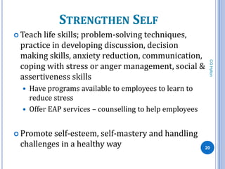 STRENGTHEN SELF
 Teachlife skills; problem-solving techniques,
 practice in developing discussion, decision
 making skills, anxiety reduction, communication,




                                                          CG Hylton
 coping with stress or anger management, social &
 assertiveness skills
   Have programs available to employees to learn to
    reduce stress
   Offer EAP services – counselling to help employees


 Promote self-esteem, self-mastery and handling
 challenges in a healthy way                             20
 