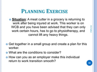 PLANNING EXERCISE
       Situation: A meat cutter in a grocery is returning to
         work after being injured at work. This worker is on




                                                                 CG Hylton
        WCB and you have been advised that they can only
        work certain hours, has to go to physiotherapy, and
                    cannot lift any heavy things.

 Get together in a small group and create a plan for this
  worker.
 What are the conditions to consider?

 How can you as an employer make this individual
  return to work transition smooth?
                                                                55
 