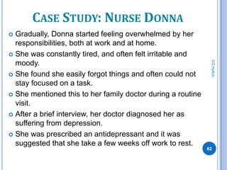 CASE STUDY: NURSE DONNA
 Gradually, Donna started feeling overwhelmed by her
  responsibilities, both at work and at home.
 She was constantly tired, and often felt irritable and




                                                              CG Hylton
  moody.
 She found she easily forgot things and often could not
  stay focused on a task.
 She mentioned this to her family doctor during a routine
  visit.
 After a brief interview, her doctor diagnosed her as
  suffering from depression.
 She was prescribed an antidepressant and it was
  suggested that she take a few weeks off work to rest.
                                                             62
 