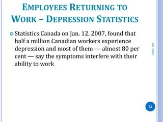 EMPLOYEES RETURNING TO
WORK – DEPRESSION STATISTICS
 Statistics Canada on Jan. 12, 2007, found that
  half a million Canadian workers experience




                                                    CG Hylton
  depression and most of them — almost 80 per
  cent — say the symptoms interfere with their
  ability to work




                                                   72
 