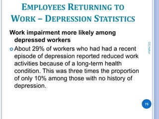 EMPLOYEES RETURNING TO
WORK – DEPRESSION STATISTICS
Work impairment more likely among
  depressed workers




                                                    CG Hylton
 About 29% of workers who had had a recent
  episode of depression reported reduced work
  activities because of a long-term health
  condition. This was three times the proportion
  of only 10% among those with no history of
  depression.

                                                   75
 