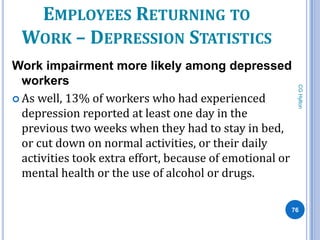 EMPLOYEES RETURNING TO
 WORK – DEPRESSION STATISTICS
Work impairment more likely among depressed
  workers




                                                          CG Hylton
 As well, 13% of workers who had experienced
  depression reported at least one day in the
  previous two weeks when they had to stay in bed,
  or cut down on normal activities, or their daily
  activities took extra effort, because of emotional or
  mental health or the use of alcohol or drugs.

                                                      76
 