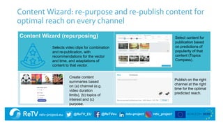 retv-project.eu @ReTV_EU @ReTVeu retv-project retv_project
Content Wizard: re-purpose and re-publish content for
optimal reach on every channel
Content Wizard (repurposing)
Publish on the right
channel at the right
time for the optimal
predicted reach.
Selects video clips for combination
and re-publication, with
recommendations for the vector
and time, and adaptations of
content to that vector.
Select content for
publication based
on predictions of
popularity of that
content (Topics
Compass).
Create content
summaries based
on (a) channel (e.g.
video duration
limits), (b) topics of
interest and (c)
purpose.
 
