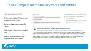 Topics Compass metadata: keywords and entities
International news articles
Online pages aboutTV content on
broadcasters We...