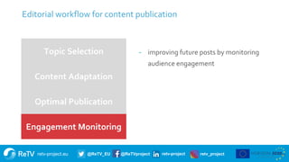 retv-project.eu @ReTV_EU @ReTVproject retv-project retv_project
Editorial workflow for content publication
20
Topic Selection
Content Adaptation
Optimal Publication
Engagement Monitoring
- improving future posts by monitoring
audience engagement
 