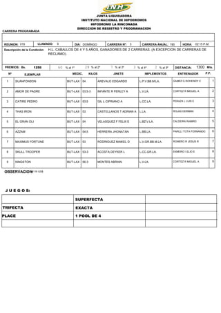 190
3
DOMINGO
1250 1300
02:15 P.M.
HORA:
DISTANCIA: Mts.
Bs.
H.L. CABALLOS DE 4 Y 5 AÑOS, GANADORES DE 2 CARRERAS. (A EXCEPCION DE CARRERAS DE
RECLAMO).
JUNTA LIQUIDADORA
INSTITUTO NACIONAL DE HIPODROMOS
HIPODROMO LA RINCONADA
DIRECCION DE REGISTRO Y PROGRAMACION
Descripción de la Condición:
REUNION: DIA:
019
CARRERA PROGRAMADA
PREMIOS: 60 28 7 2
3
% al 1º % al 2º % al 3º % al 4º % al 5º
CARRERA Nº: CARRERA ANUAL:
LLAMADO: 9
Nº EJEMPLAR KILOS
MEDIC. JINETE IMPLEMENTOS ENTRENADOR P.P.
1 SUANFONSON BUT-LAX GAMEZ G ROHENDY C
AREVALO EDGARDO L.P.V.BB.M.LA.
54 1
2 AMOR DE PADRE BUT-LAX CORTEZ R MIGUEL A
INFANTE R FERLEY A L.V.LA.
53.5-3 2
3 CATIRE PEDRO BUT-LAX PERAZA L LUIS E
GIL L CIPRIANO A L.CC.LA.
53.5 3
4 THAS IRON BUT-LAX ROJAS GERMAN
CASTELLANOS T ADRIAN A L.LA.
53 4
5 EL GRAN OLI BUT-LAX CALDEIRA RAMIRO
VELASQUEZ F FELIX E L.BZ.V.LA.
54 5
6 AZZAM BUT-LAX PARILLI TOTA FERNANDO
HERRERA JHONATAN L.BB.LA.
54.5 6
7 MAXIMUS FORTUNE BUT-LAX ROMERO R JESUS R
RODRIGUEZ MAIKEL D L.V.GR.BB.M.LA.
53 7
8 SKULL TROOPER BUT-LAX EKMEIRO I ELIO E
ACOSTA DEYKER L L.CC.GR.LA.
53-3 8
9 KINGSTON BUT-LAX CORTEZ R MIGUEL A
MONTES ABRAIN L.V.LA.
56-3 9
TRIFECTA
SUPERFECTA
PLACE
EXACTA
1 POOL DE 4
OBSERVACION:
4116 US$
J U E G O S:
 