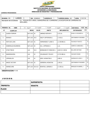361
1
DOMINGO
1205 1400
01:30 P.M.
HORA:
DISTANCIA: Mts.
Bs.
H.L. YEGUAS DE 5 AÑOS, GANADORAS DE 2 CARRERAS. (A EXCEPCION ...