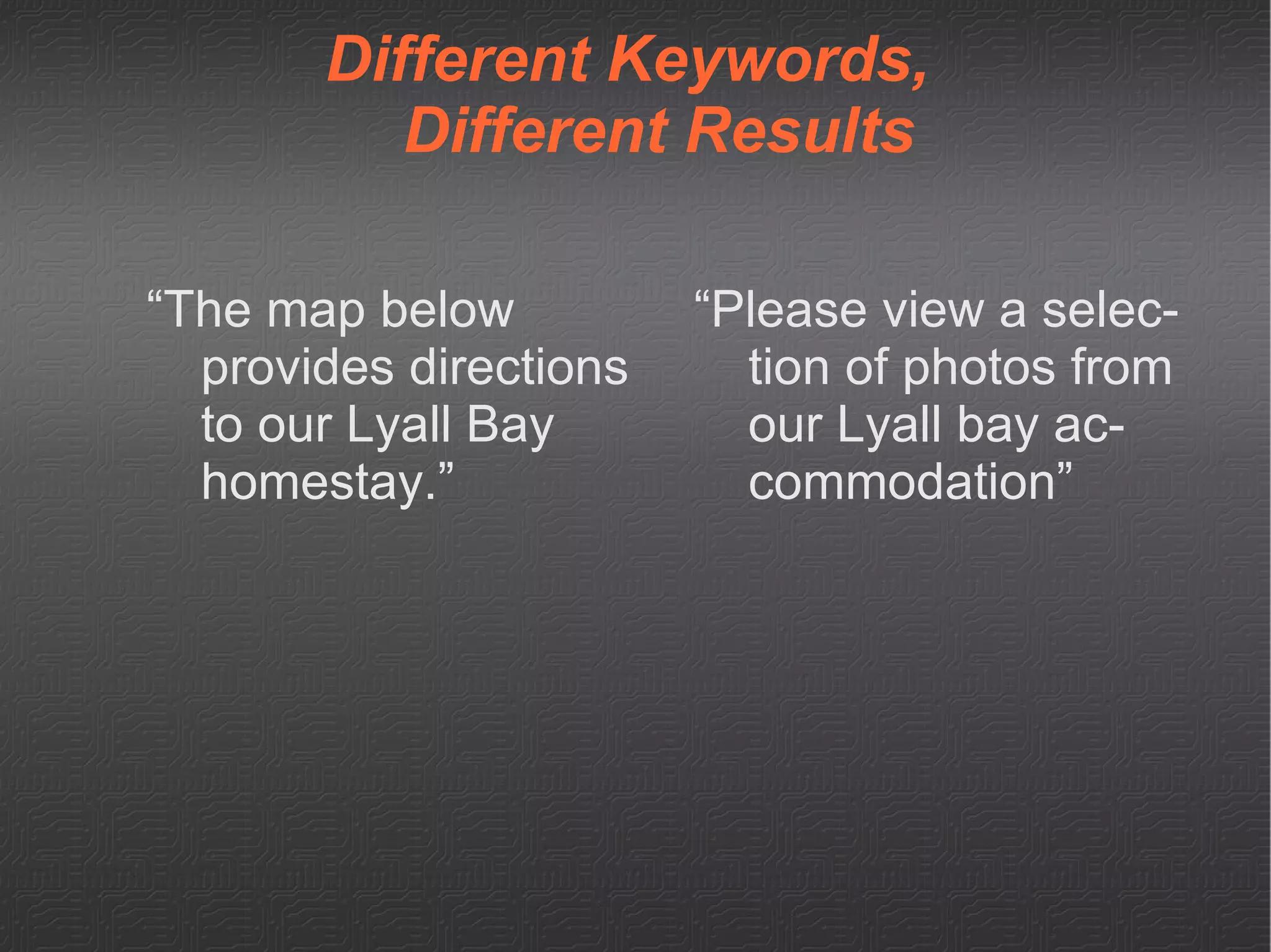 Different Keywords,  Different Results “The map below provides directions to our Lyall Bay homestay.” “Please view a selection of photos from our Lyall bay accommodation” 